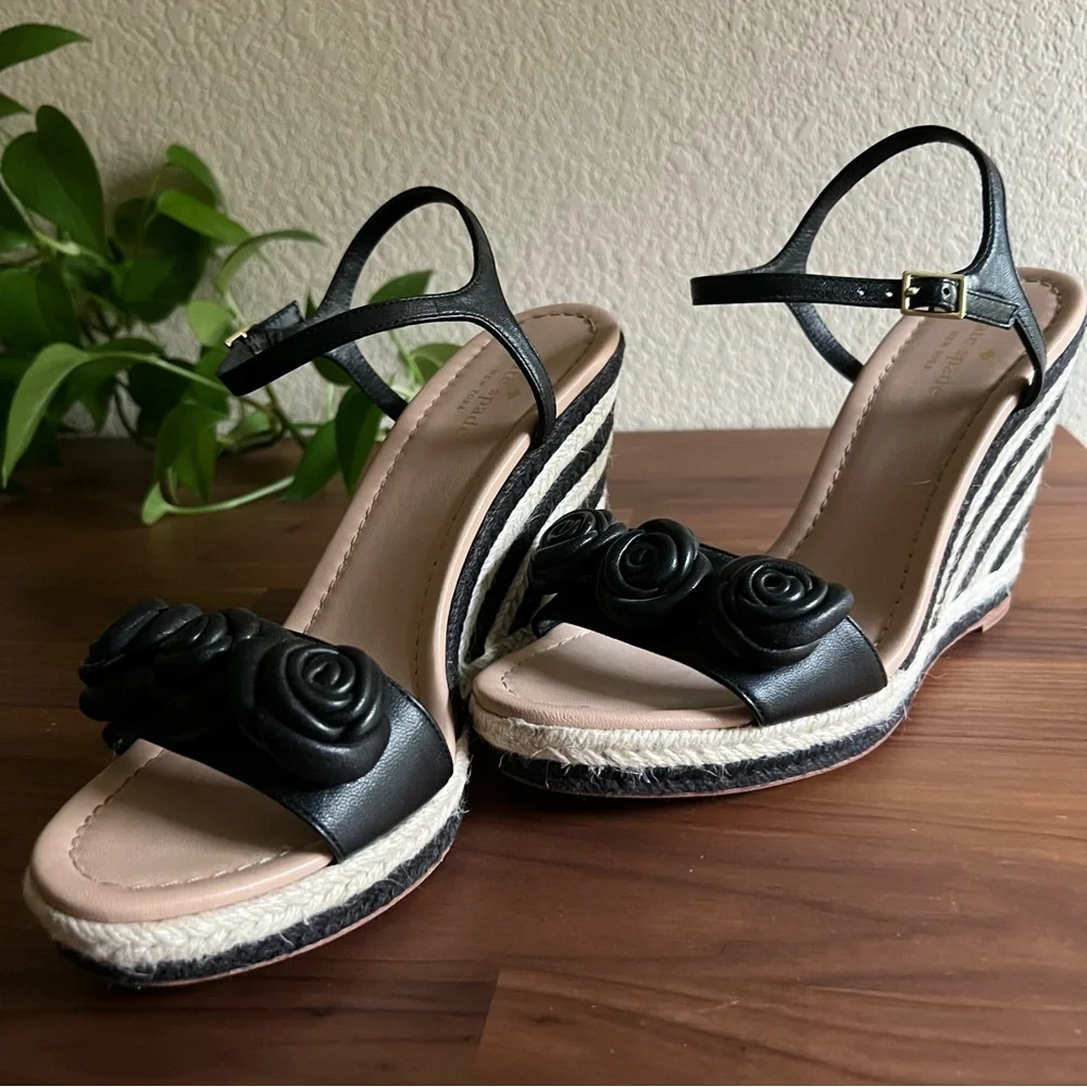 Kate Spade New York Jill Rosette Black Cream Espadrille Platform Wedge Sandals